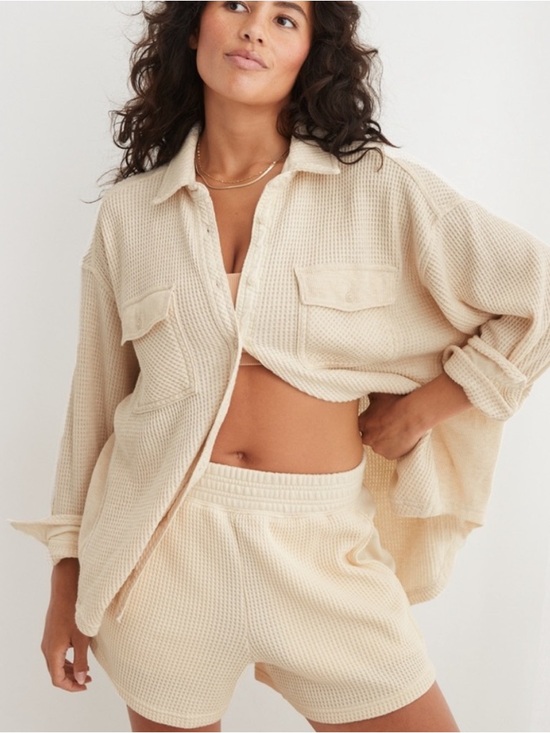 aerie Tops - Aerie Lumberjane Cream Waffle Knit Size Large Long Sleeve Button Up Pocket Top